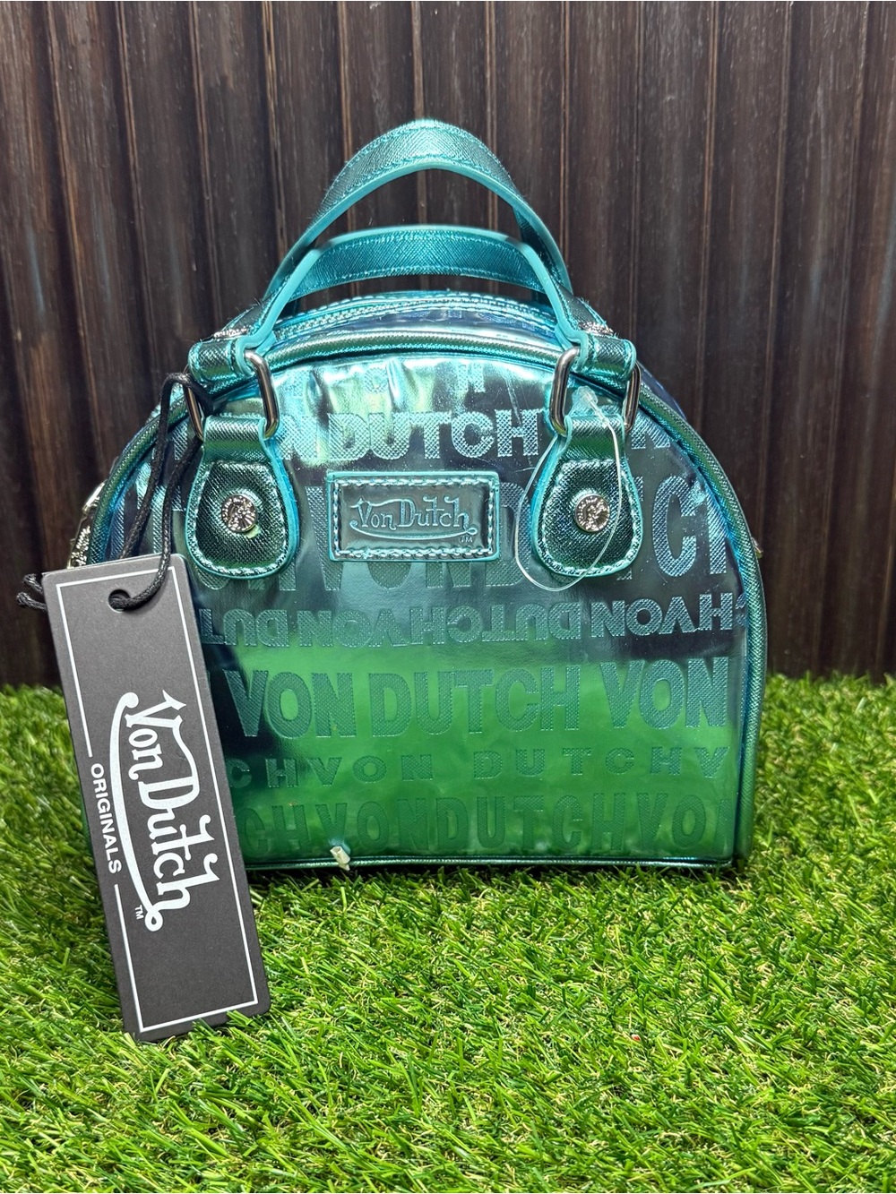 Von Dutch Rare Metallic Blue Reflective Bowling Bag Vegan Leather Embossed Logo